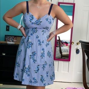 A blue floral midi dress